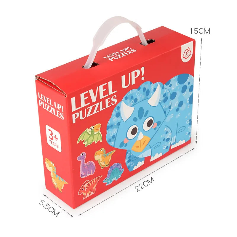 Red dinosaur puzzle carry box with labeled measurements
