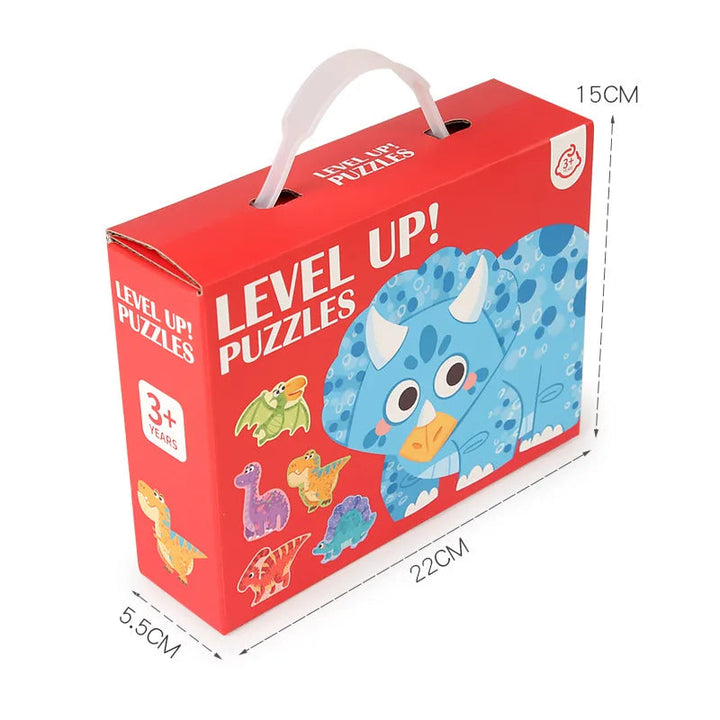 Red dinosaur puzzle carry box with labeled measurements