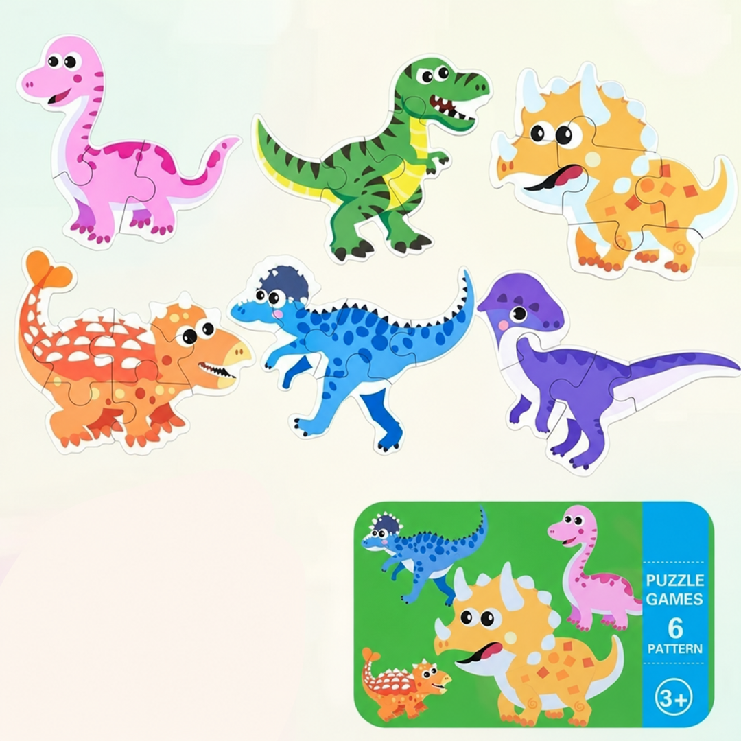 Six colorful dinosaur puzzles with a matching green storage tin