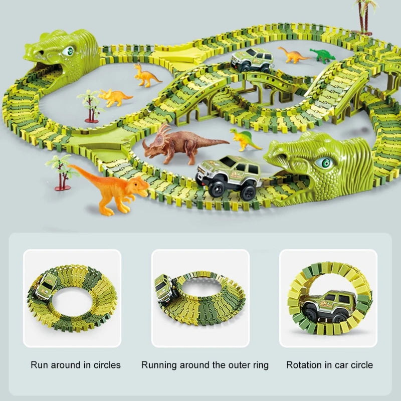 Dinosaur race track with raised sections, tunnels, a toy car, and three circular layout examples