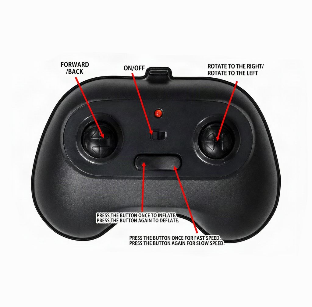 Black dinosaur remote controller with labeled movement, inflation, and speed controls.