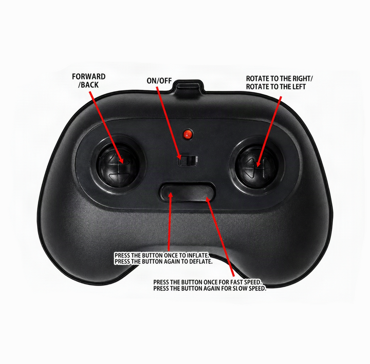 Black dinosaur remote controller with labeled movement, inflation, and speed controls.