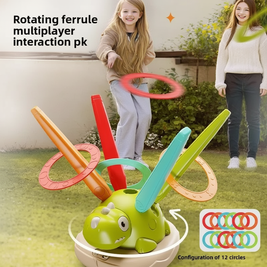 Dinosaur ring-toss game with colorful upright posts and 12 rings