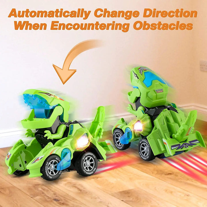 Green dinosaur robot car graphic illustrating automatic direction changes around obstacles
