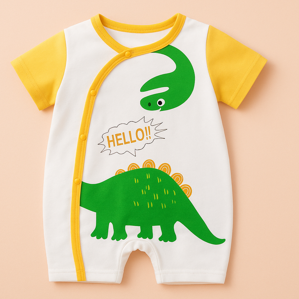 White dinosaur baby romper with yellow sleeves and a diagonal yellow front closure