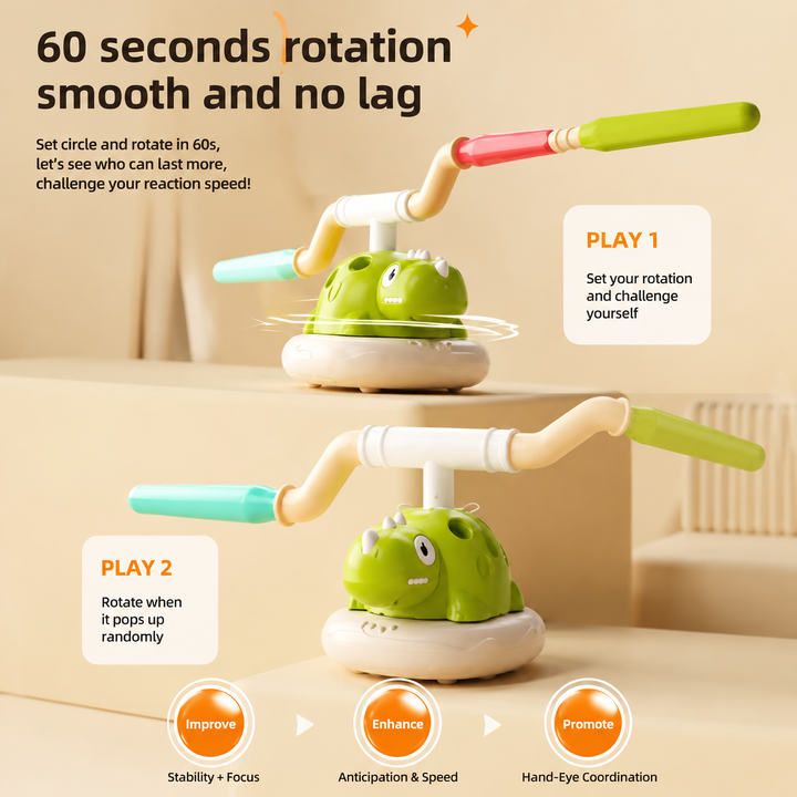 Green dinosaur toy with a multicolored rotating jump bar shown in two configurations