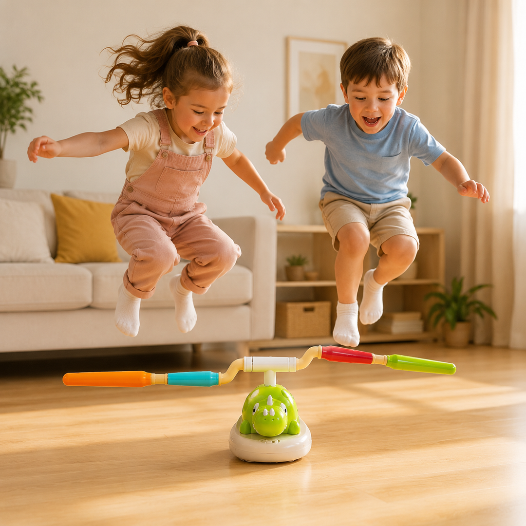 Two children jumping over the rotating bar on a green dinosaur activity toy indoors