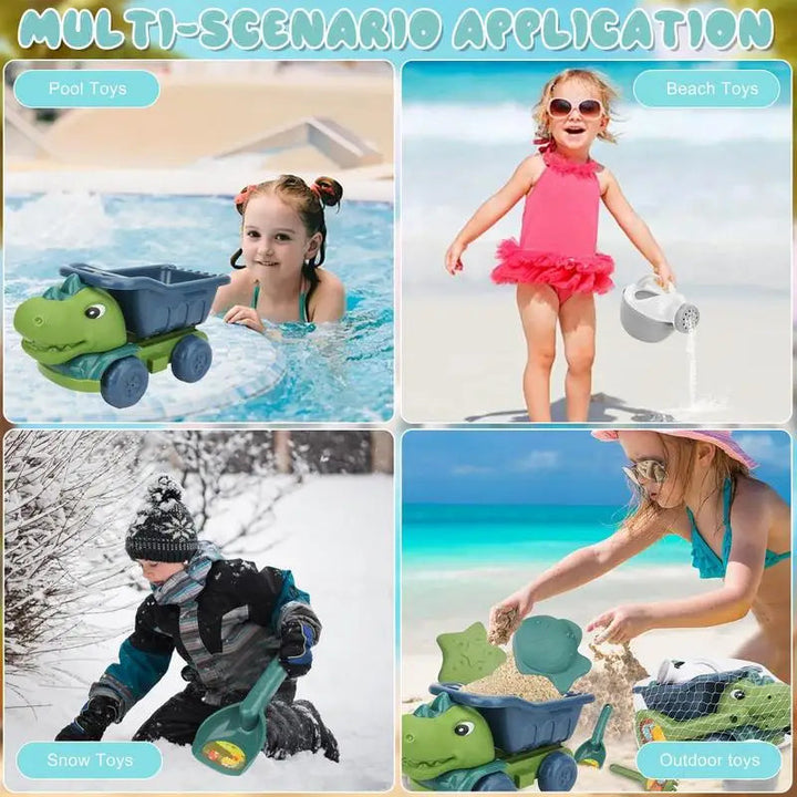 Four play scenes showing dinosaur sand toys at the pool, beach, in snow, and outdoors