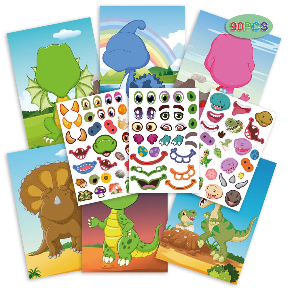 Dinosaur scene cards with reusable eyes, mouths, and accessory stickers