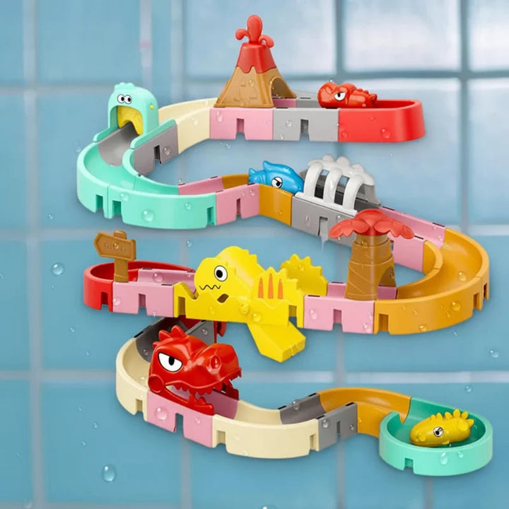 Dinosaur-themed bath slide with colorful winding levels mounted on blue bathroom tile