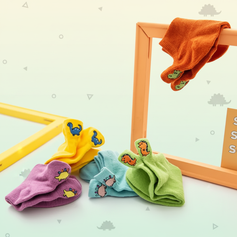 Colorful dinosaur socks displayed with orange and yellow frames