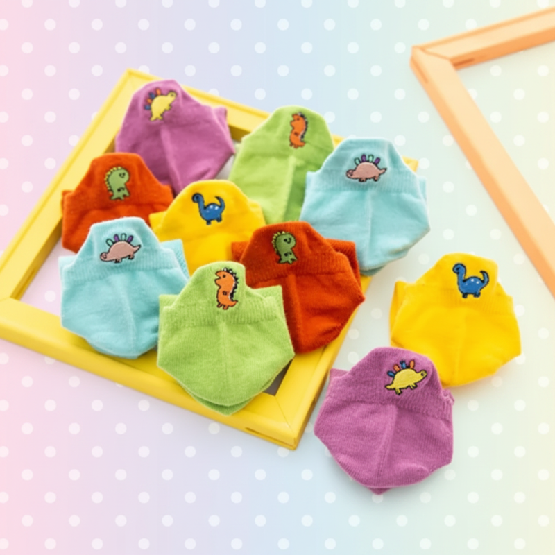 Colorful dinosaur socks arranged around a yellow frame on a pastel background