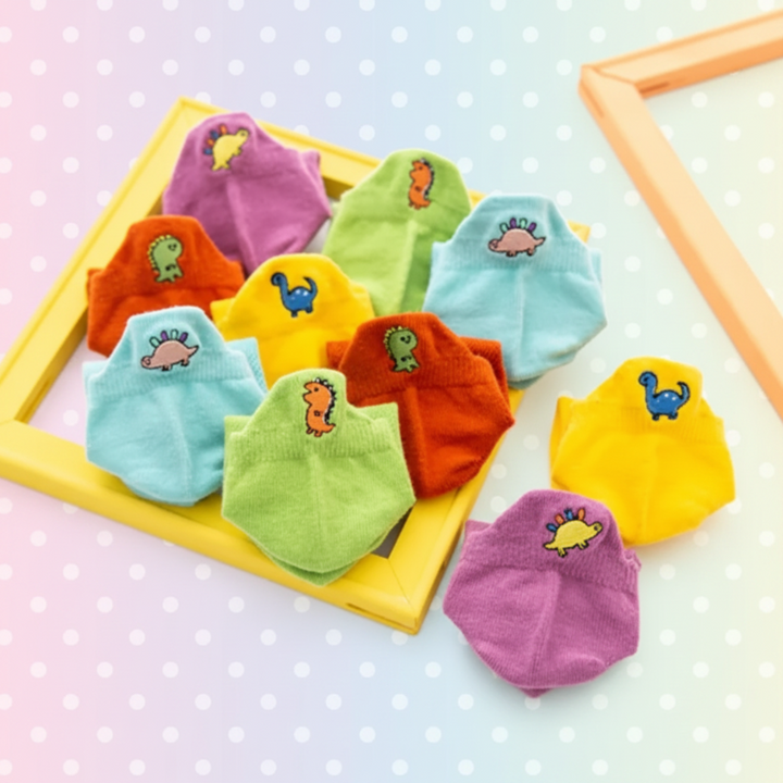 Colorful dinosaur socks arranged around a yellow frame on a pastel background