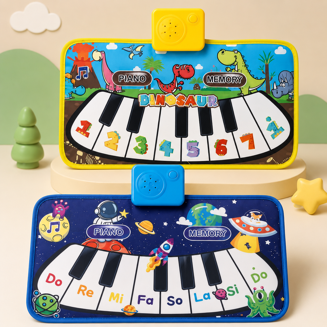 Yellow dinosaur and blue space piano play mats with large black-and-white keys
