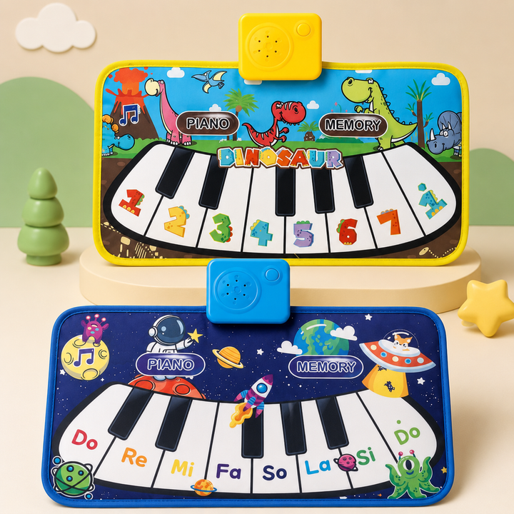 Yellow dinosaur and blue space piano play mats with large black-and-white keys