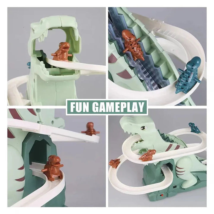 Close-up views of dinosaur figures on the stairway and winding track