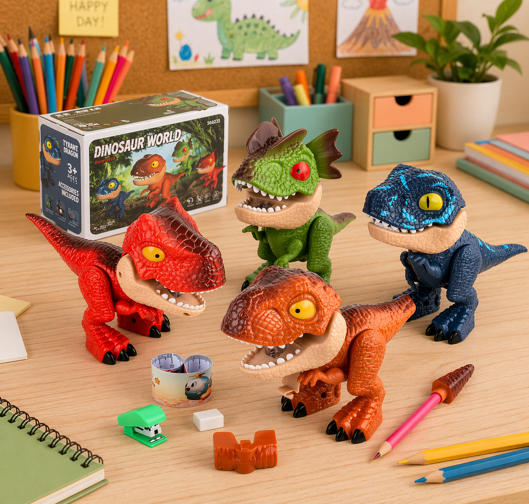 Four dinosaur stationery figures with a pencil, ruler, eraser, and mini stapler on a desk