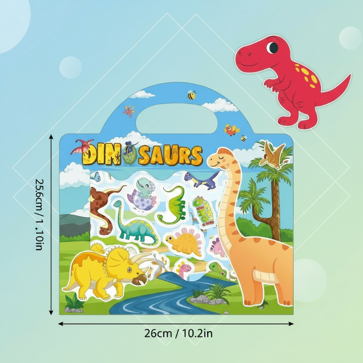 Dinosaur sticker book with a carry handle and dimensions of 26 by 25.6 cm.