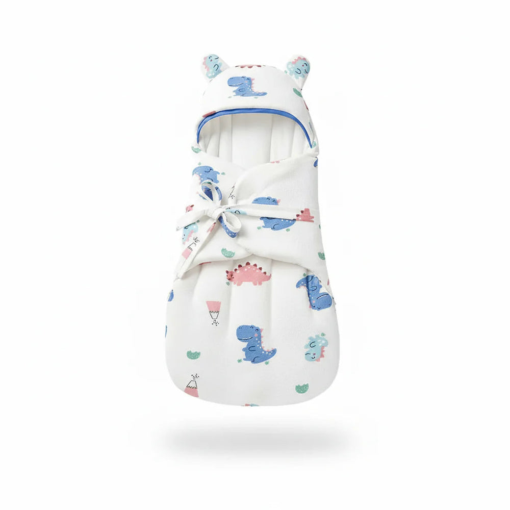 Dinosaur-print baby swaddle blanket with a rounded-ear hood and tied front