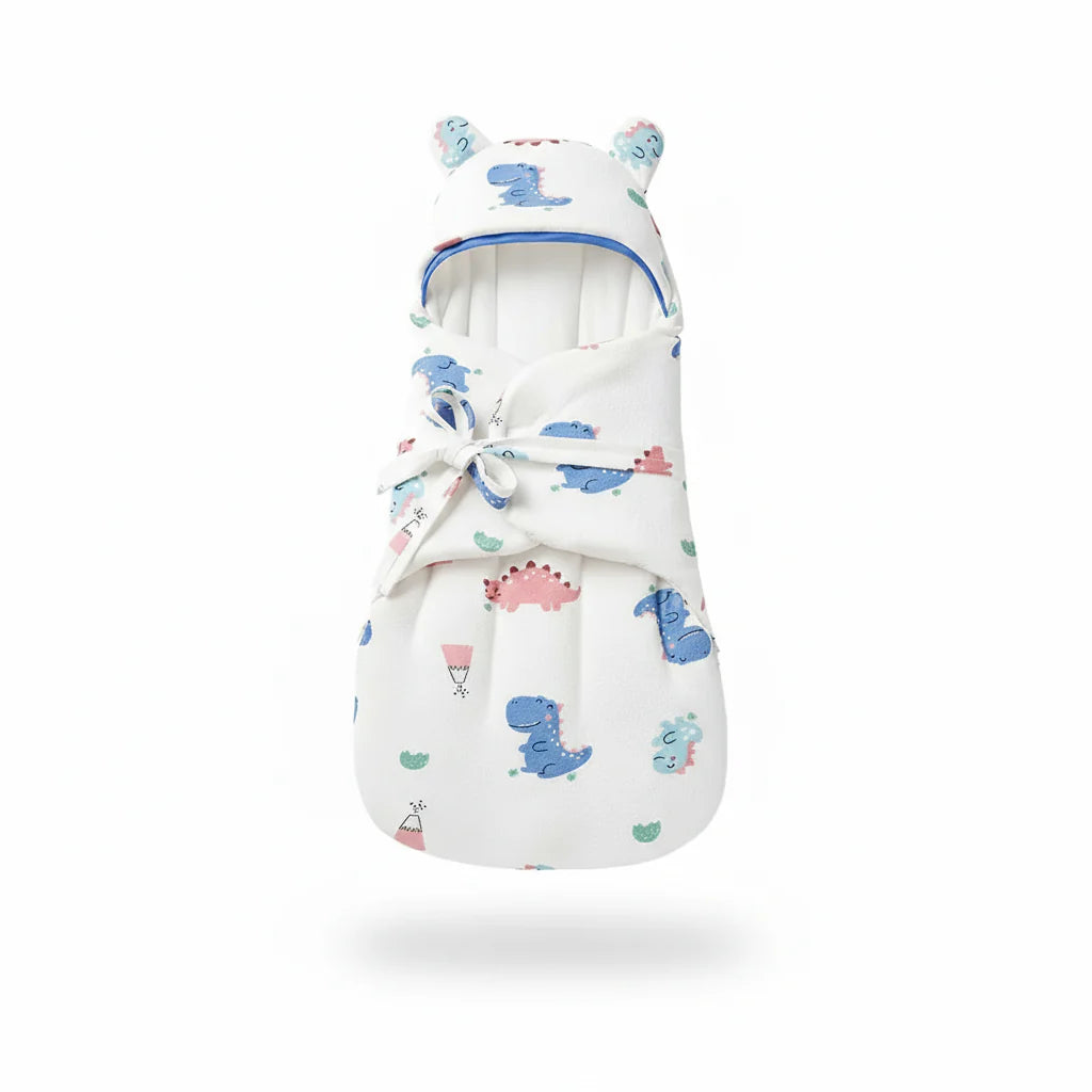 Dinosaur-print baby swaddle blanket with a rounded-ear hood and tied front