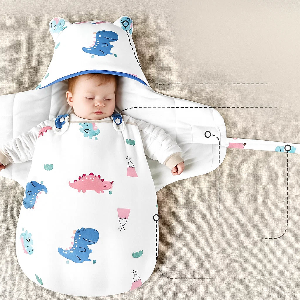 Dinosaur-print baby swaddle with open side panels and dotted construction guides