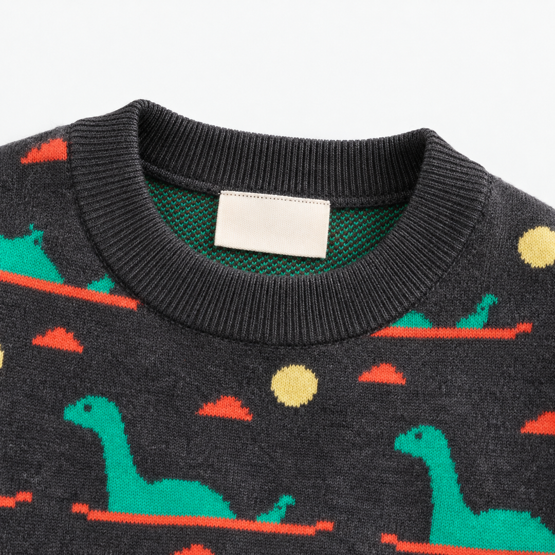 Close-up of a dark dinosaur sweater&