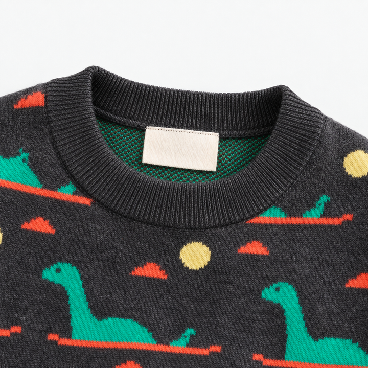 Close-up of a dark dinosaur sweater&