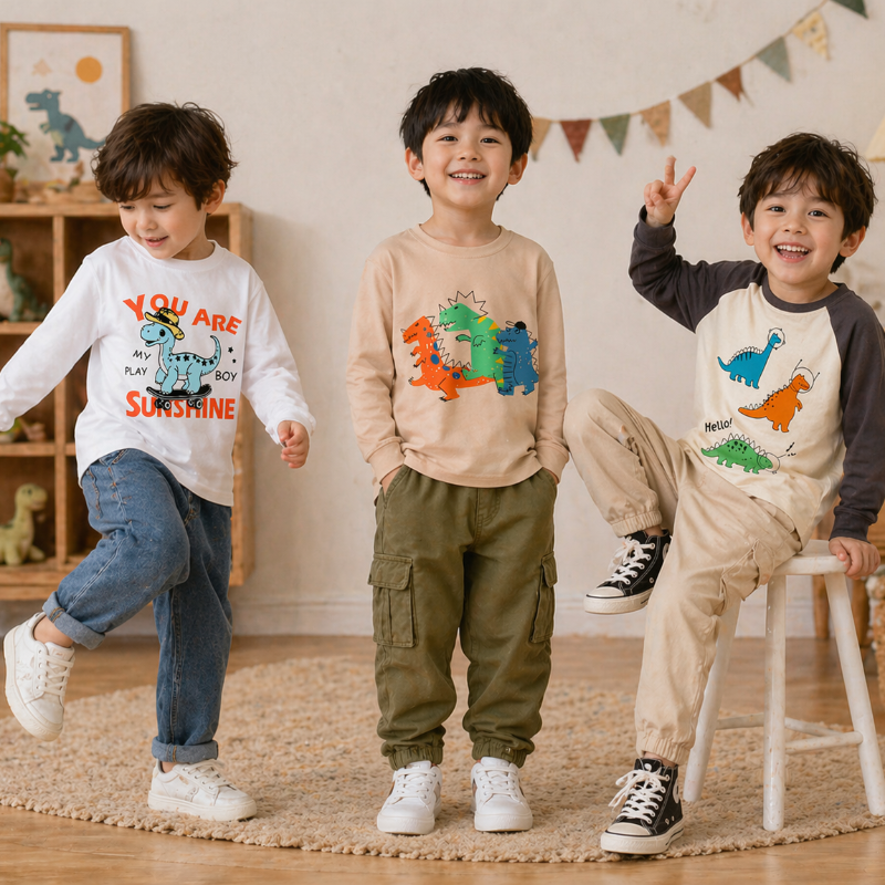 Three children modeling dinosaur sweatshirts with jeans and casual pants