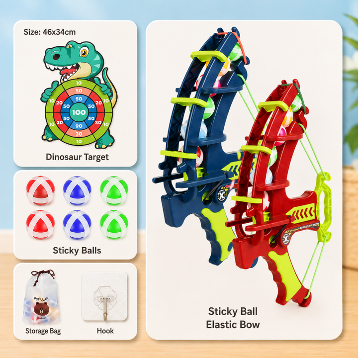 Dinosaur target, sticky balls, hook, storage bag, and red and blue launcher options