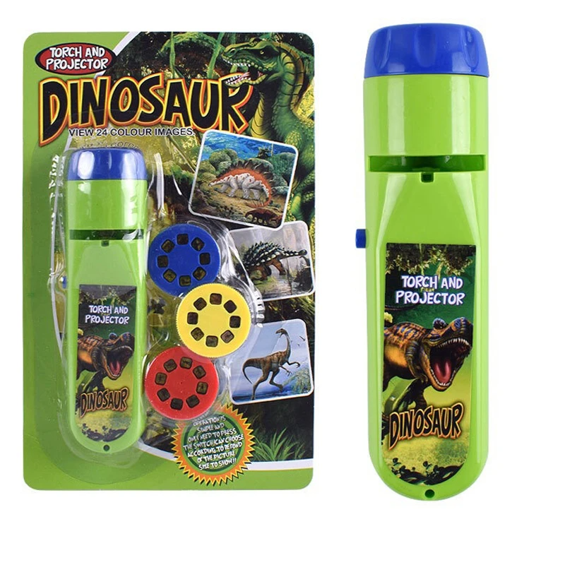 Green-and-blue dinosaur projection flashlight shown beside its packaged slide set