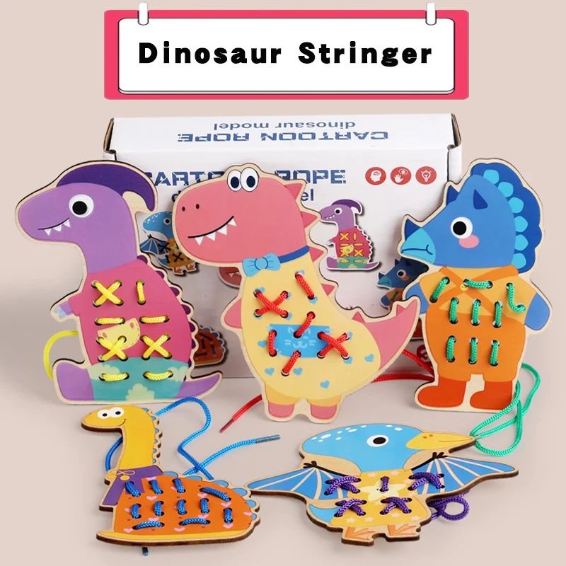 Dinosaur-themed wooden lacing boards with colored cords and a box