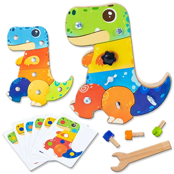 Colorful dinosaur activity boards with challenge cards, loose bolts, and a wooden wrench