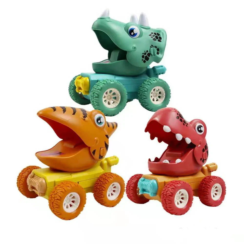 Three dinosaur-shaped toy cars with spotted heads, white wheel hubs, and bright bodies