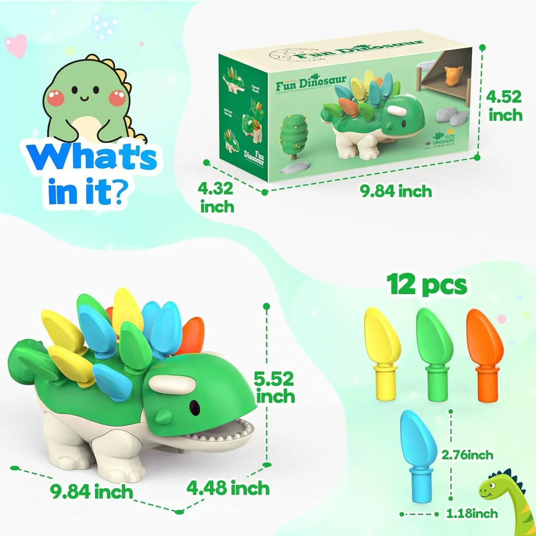 Dinosaur toy, 12 spikes, and product box shown with inch measurements