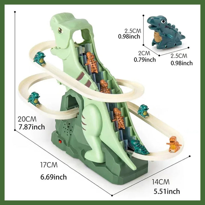 Dinosaur track playset measuring 20 cm tall with a 17 by 14 cm base, plus small figure measurements