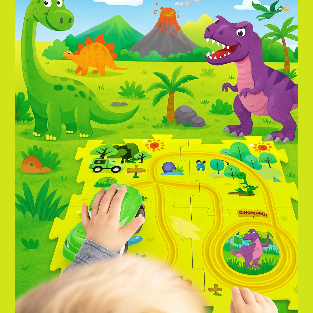 Child guiding a green vehicle along a dinosaur-themed puzzle track