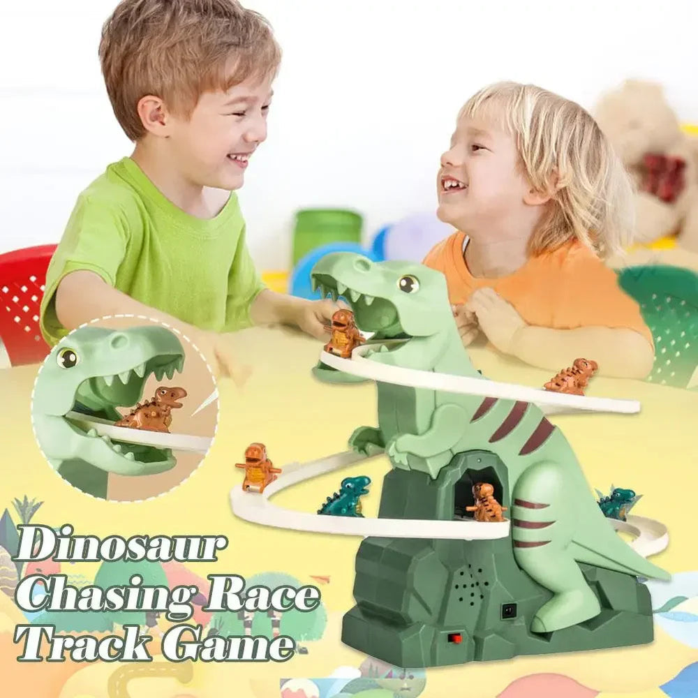 Two children playing with a green dinosaur track set and small dinosaur figures