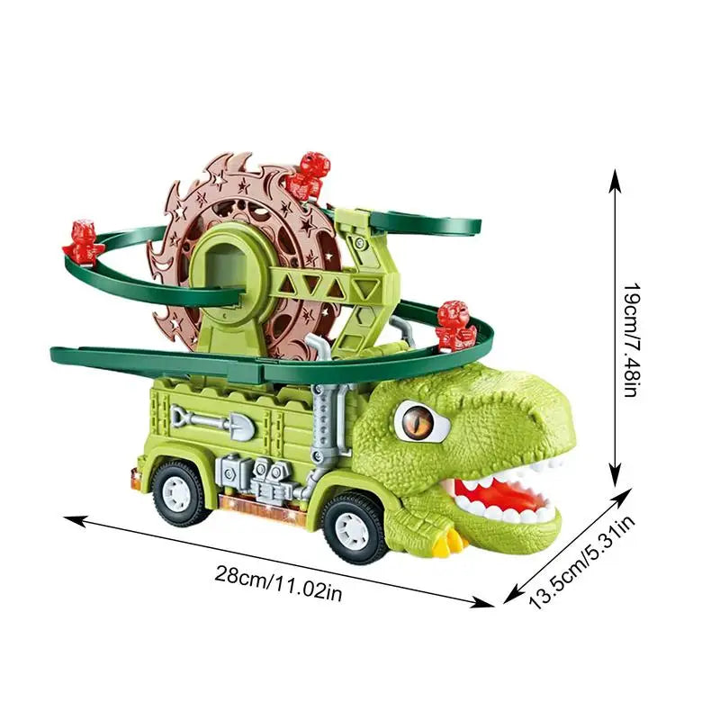 Measurement graphic showing the dinosaur truck with its raised track and wheeled base