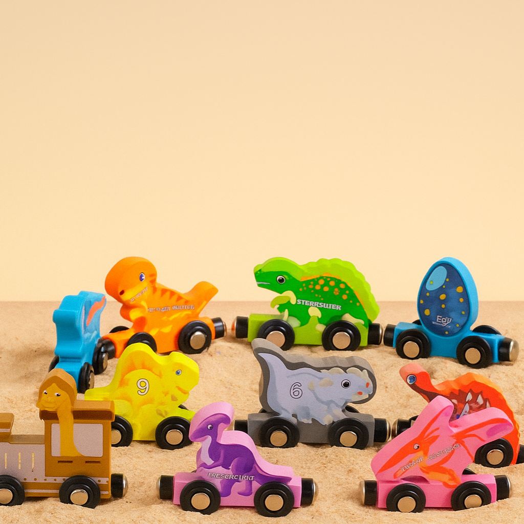 Wooden dinosaur train with colorful numbered cars and an egg-shaped car