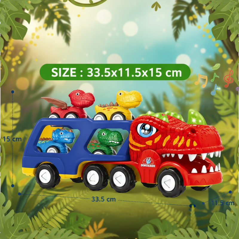 Dinosaur truck measurement graphic showing 33.5 cm length, 11.5 cm width, and 15 cm height.
