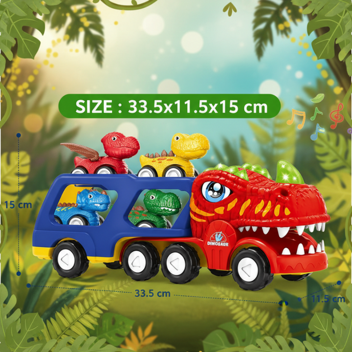 Dinosaur truck measurement graphic showing 33.5 cm length, 11.5 cm width, and 15 cm height.