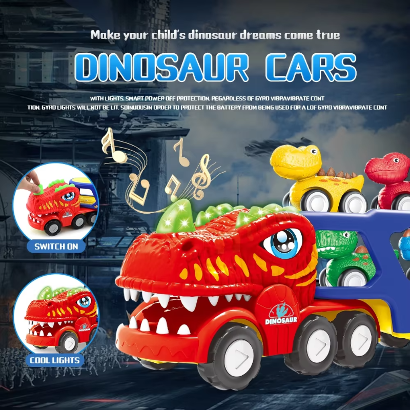 Dinosaur truck feature graphic highlighting lights and music.