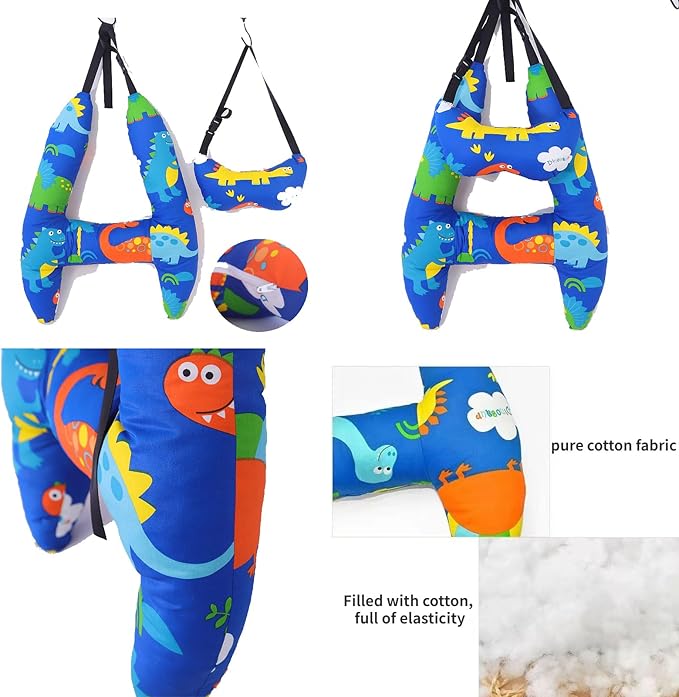 Dinosaur-print travel pillows with close-up views of the cotton fabric and filling