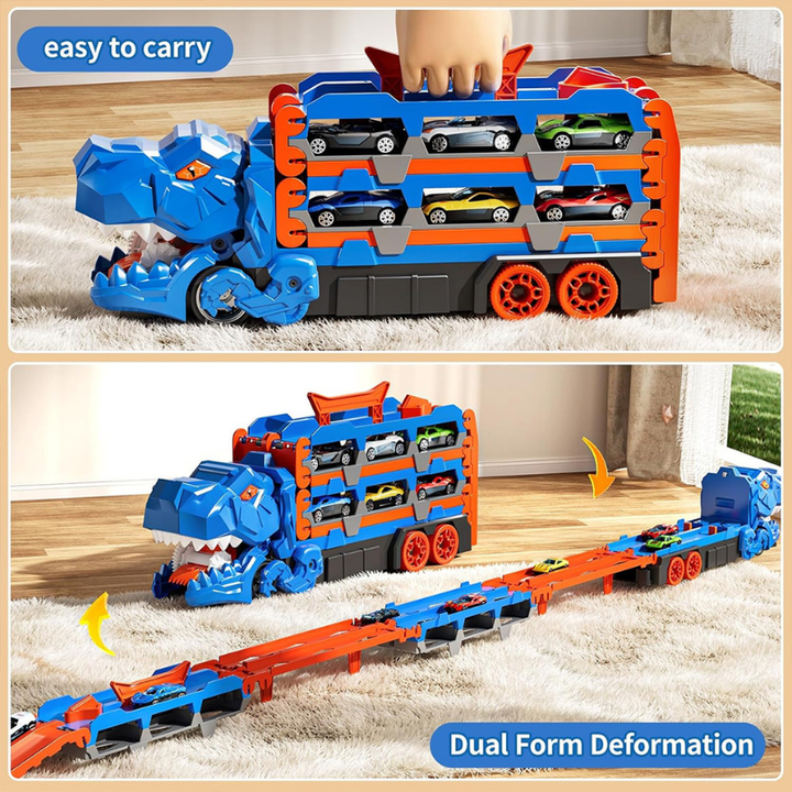 Blue dinosaur truck shown carried by its handle and unfolded into a long racetrack.