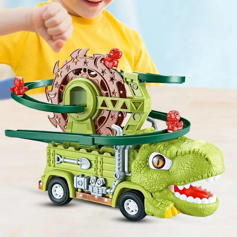 Close-up of the green dinosaur truck with winding ramps and small red dinosaur figures