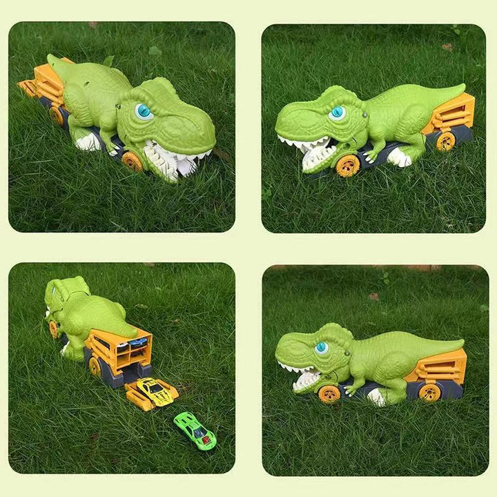 Four views of the green dinosaur truck on grass, including cars at its rear opening