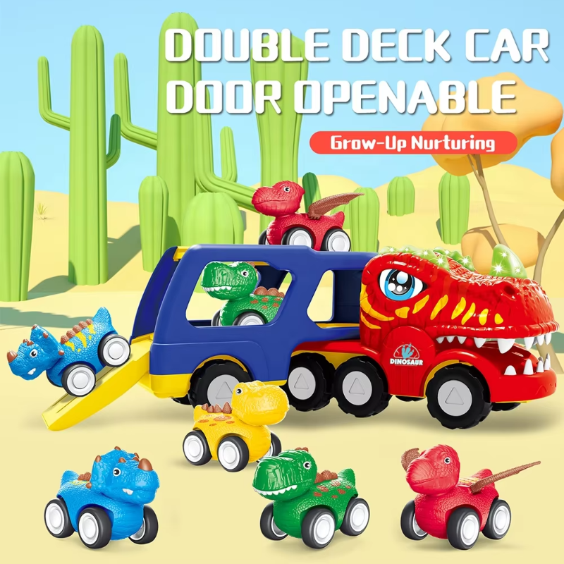 Dinosaur truck with its rear loading ramp lowered and small dinosaur vehicles nearby.