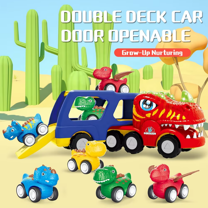 Dinosaur truck with its rear loading ramp lowered and small dinosaur vehicles nearby.