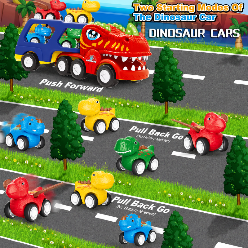 Play-action graphic showing the push-forward dinosaur truck and pull-back dinosaur vehicles.