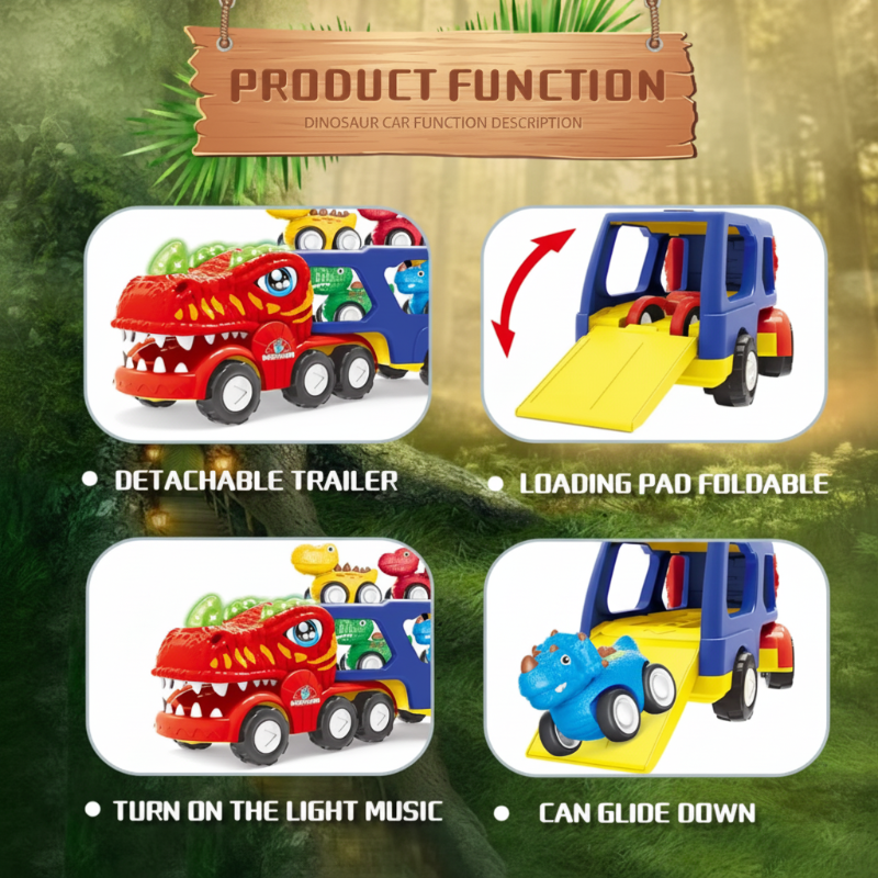 Four-panel graphic showing the dinosaur truck&